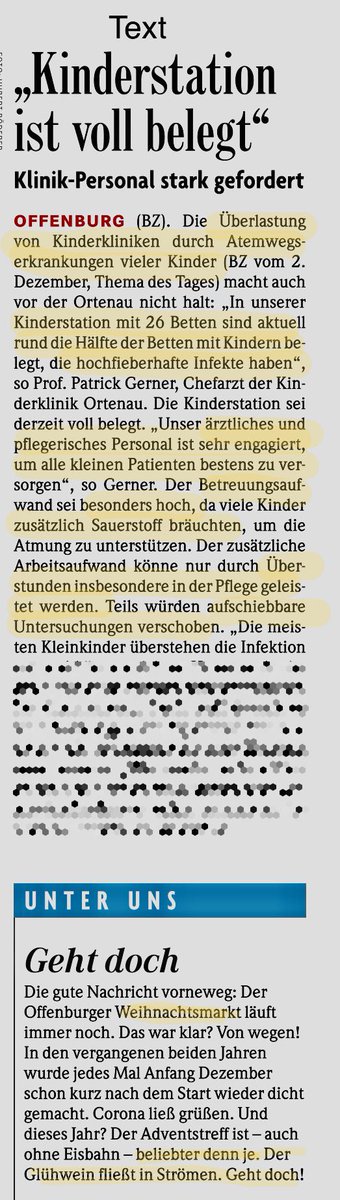 Oben berichtet die BZ #Ortenau: #Kinderklinik voll, ½ hat #Atemwegsinfekte, #Überstunden bei #Pflege, geplante Untersuchungen werden abgesagt, unten drunter feiert die Zeitung den offenen #Weihnachtsmarkt. 🤦

#Kinderkliniken #rsv #winterwelle