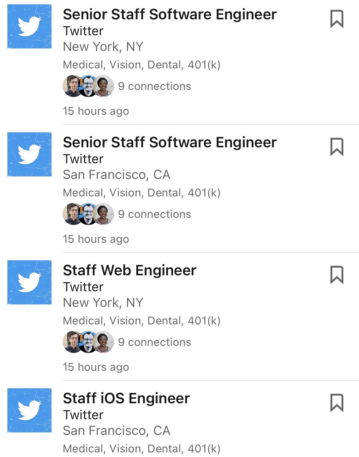 Screenshot of Staff software engineer job listings for Twitter.
