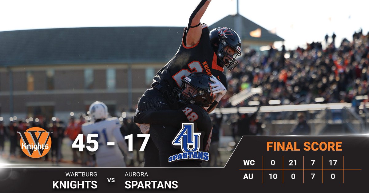 Knights win! 🔥
No. 12/12 Wartburg 45, Aurora 17.

Knights advance to the National Semifinals for the first time in school history!!
#d3fb