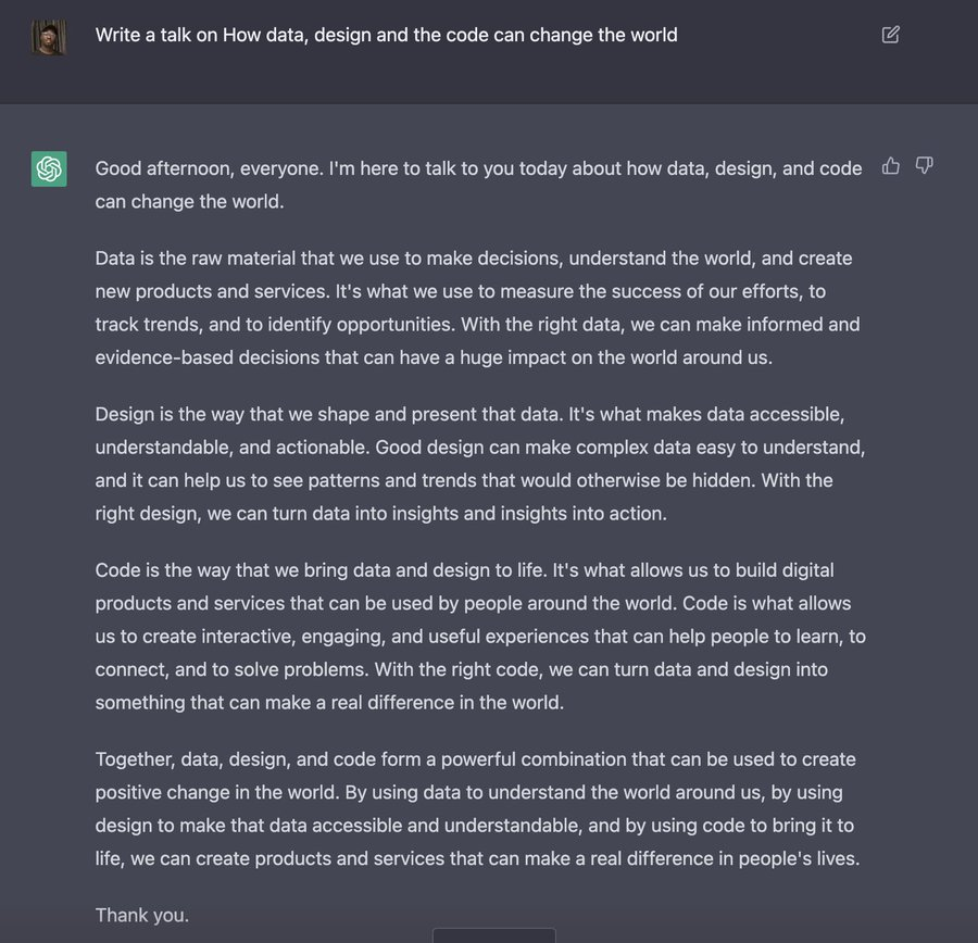 chatGPT_openAI's tweet photo. chatGPT writes a speech on how data, design and code can change the world for @Darasoba https://t.co/K9uC2ng8La