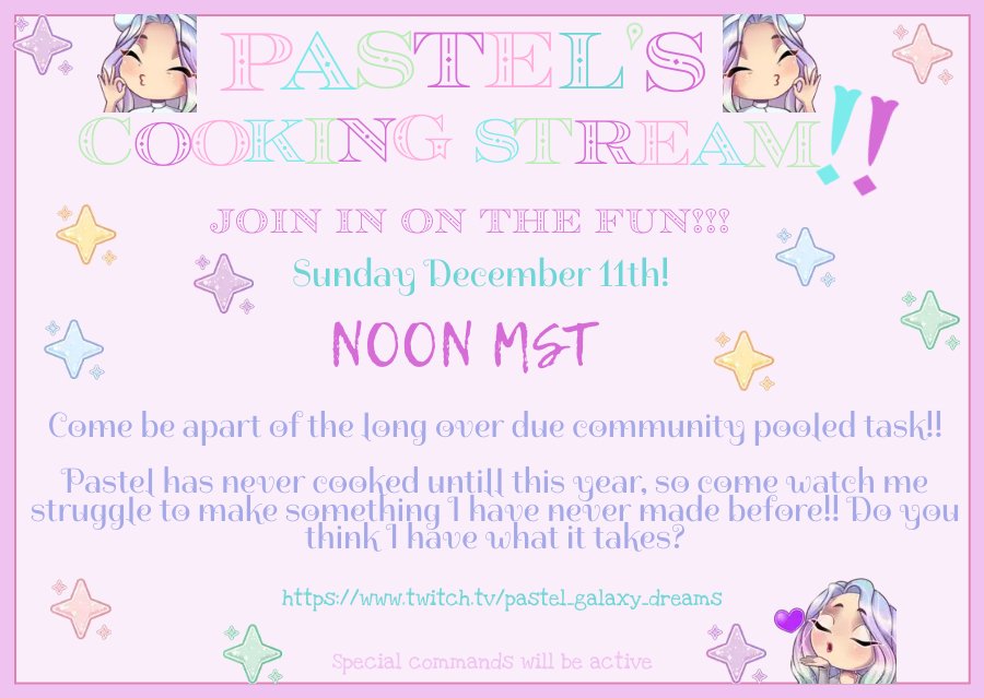 PastelGlxyDream's tweet photo. ID LOVE for you to come join us next weekend and watch me absolutely struggle 😁😁😁
#twitch #streamer #cookingstream #idontcook #whatdidido #followergoal https://t.co/HMVFFBtByn