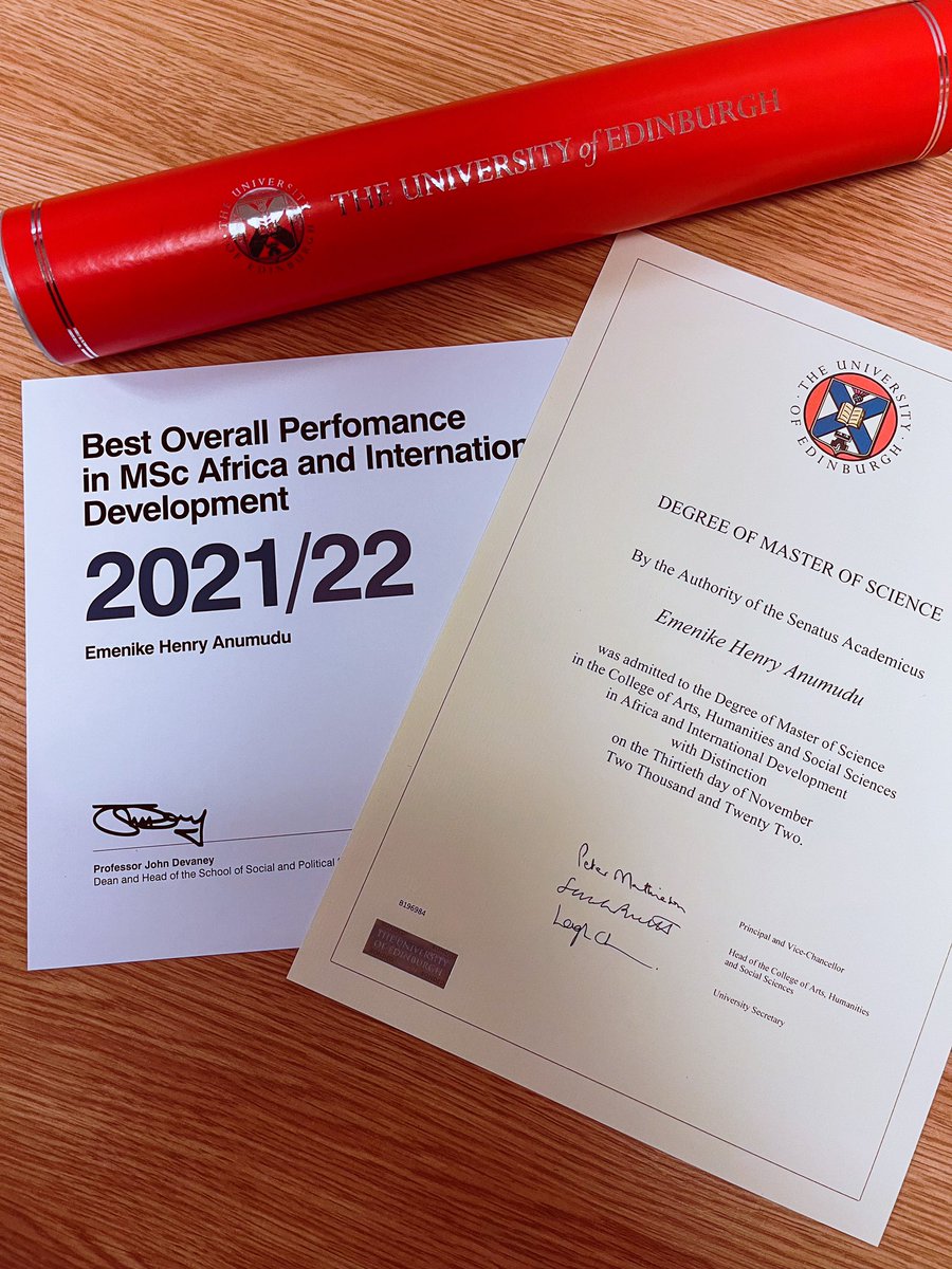 henryanumudu_'s tweet photo. Graduated with an MSc from @EdinburghUni with an award of Distinction and a prize for Best Overall Performance!

It takes a village: I’m grateful to my family, friends, mentors and the amazing team at @MCFScholarsEd for the support. https://t.co/uHHlB1RCcx