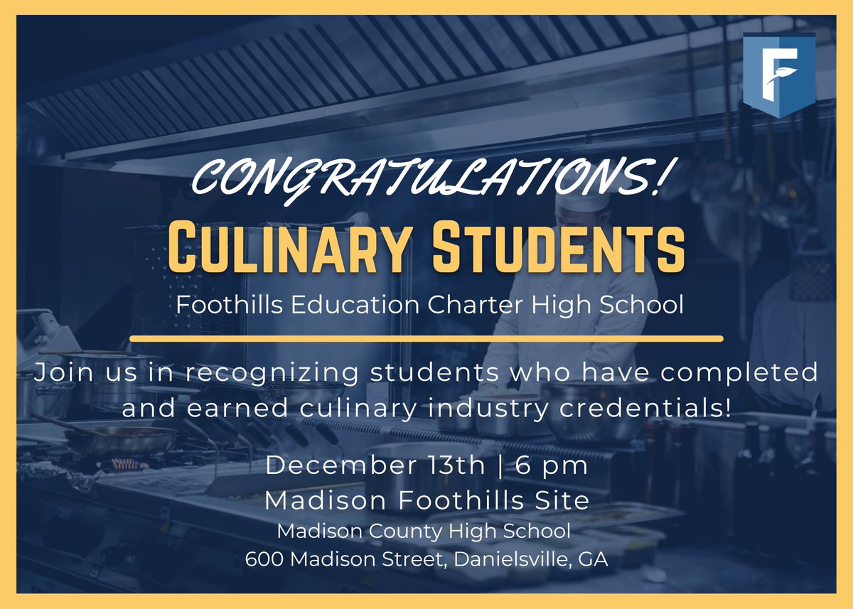 Join us on December 13th as we recognize the accreditation of the first culinary class at Madison Foothills!