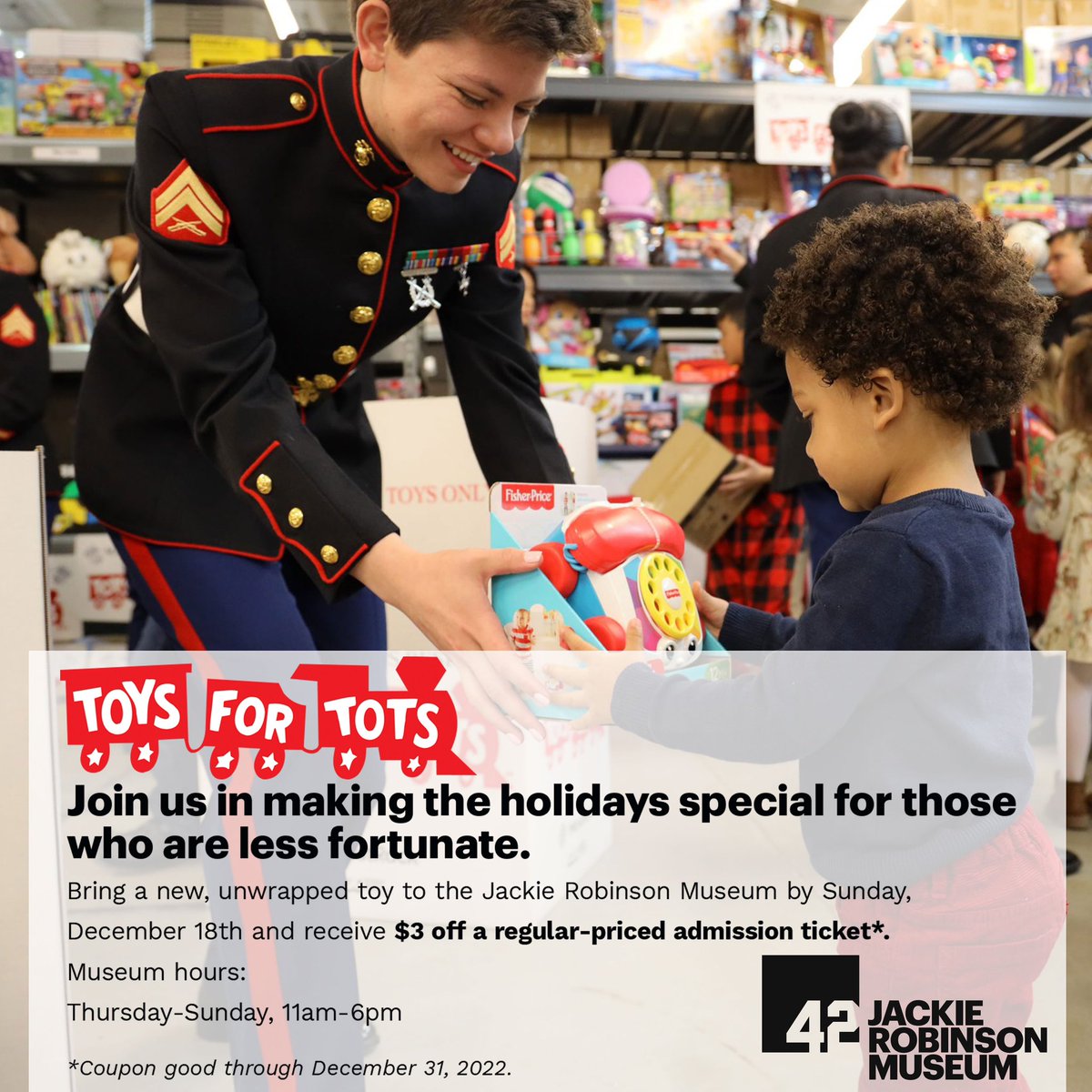 Proud to support @ToysForTots_USA and their 832 Coordinators who worked tirelessly to deliver over 22.4 million toys, books, and games to nearly 8.8 million children this past year. Stop by the Jackie Robinson Museum and spread a bit of holiday cheer 🌲