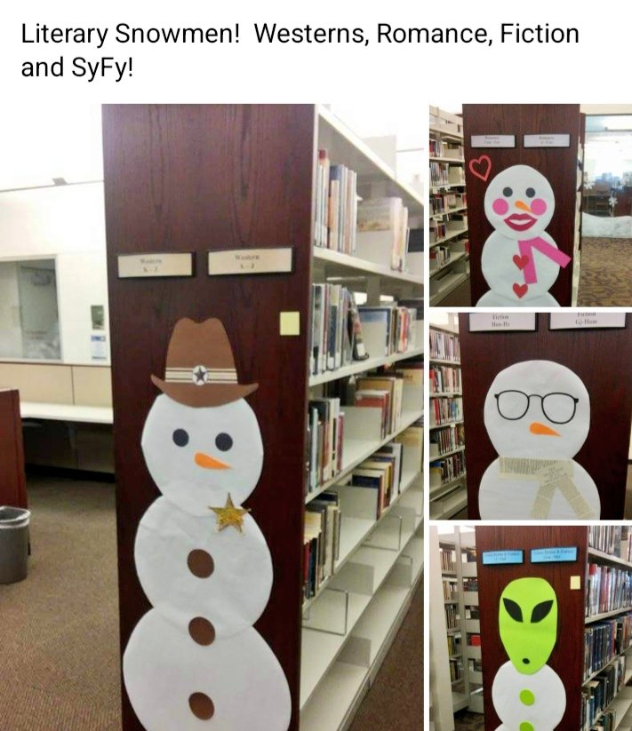 That time I made genre snowpeople for the library stacks 😊 ☃️