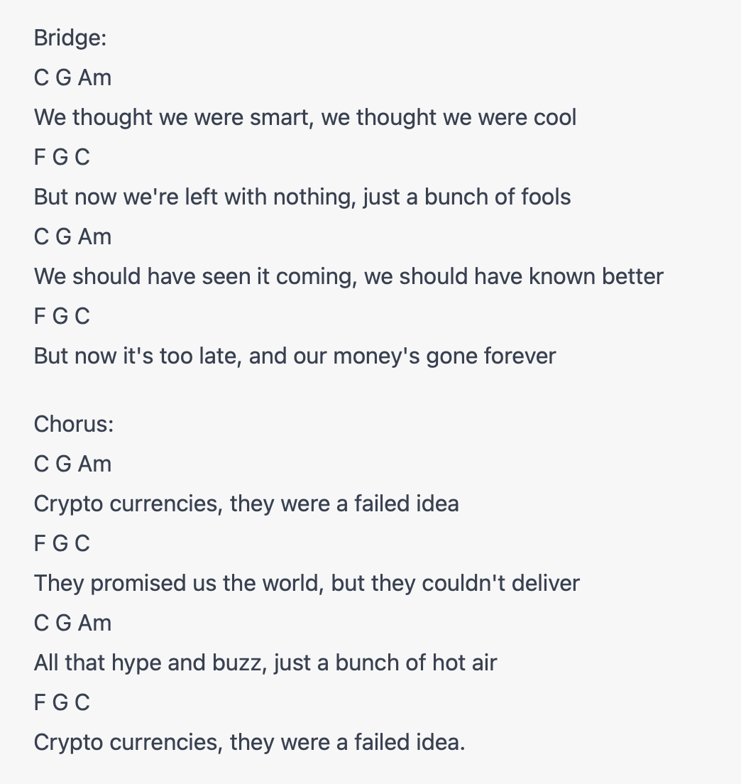 ChatGPT writes a pop song about the failed cryptocurrencies: