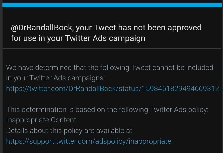 DrRandallBock's tweet photo. @DrRandallBock, "(your #HughMcCarthy video on #masking #schoolchildren violates) @Twitter ads policy: #inappropriateContent https://t.co/DQwnJjqSRV " https://t.co/dGnME6Mr6c