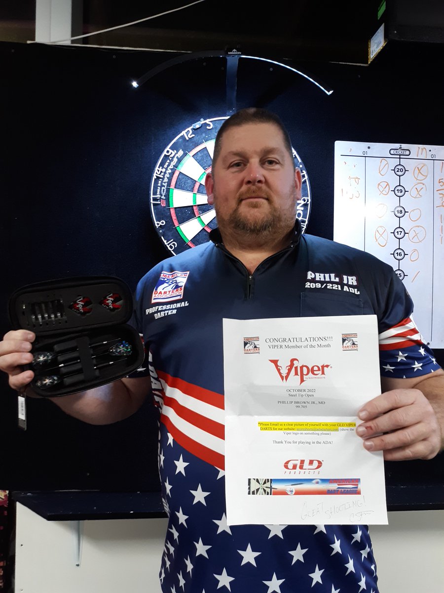 AmericanDarters's tweet image. ADA Member, Phillip Brown Jr. - October MOTM Open Steel Tip
&quot;ADA and Viper, 
Thank you for your gifts and recognition through the month of October.  night. I&apos;ve shared some of the stickers and flights, and I will certainly enjoy the Viper Darts!&quot;

#adafamily #viper #gldproducts
