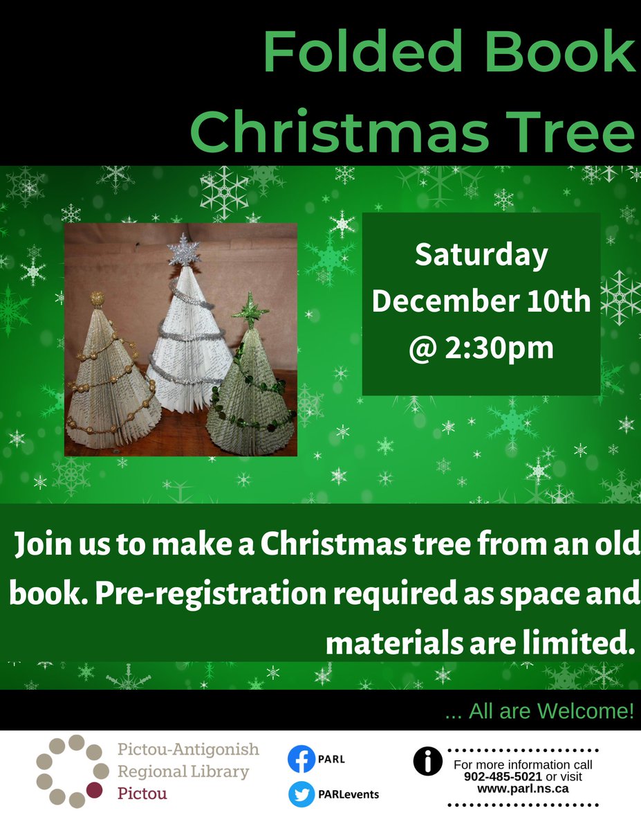 PARLevents's tweet photo. Join us at the #PictouLibrary on Sat. Dec. 10th @ 2:30pm to make a beautiful folded Christmas Book Tree! All materials are supplied, and registration is required (as seating is limited). For more information and to register, please call the Pictou Library at (902)485-5021. https://t.co/PBQMbV9Ky7