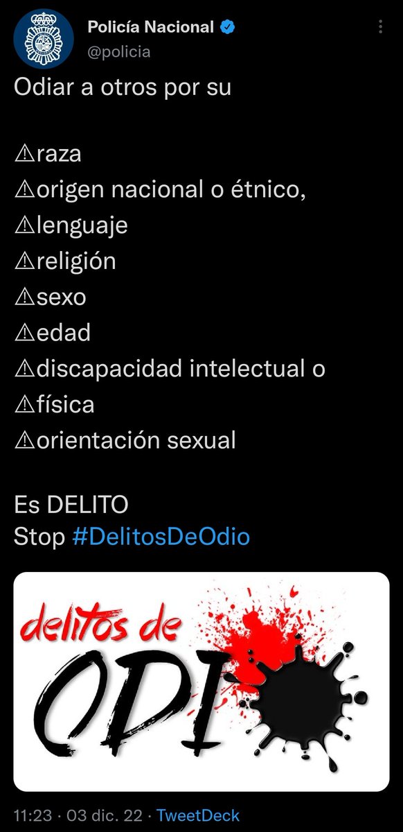 El CM de la <a href="/policia/">Policía Nacional</a> ha recibido órdenes de borrar el tweet, se notaba demasiado la dictadura ideológica. No es la primera vez que vemos cosas extrañas en el Twitter de la Policía Nacional un Sábado de noche... Preguntadle al Jefe de la Oficina de Prensa de la <a href="/info_dgp/">Dirección General de la Policía</a>.