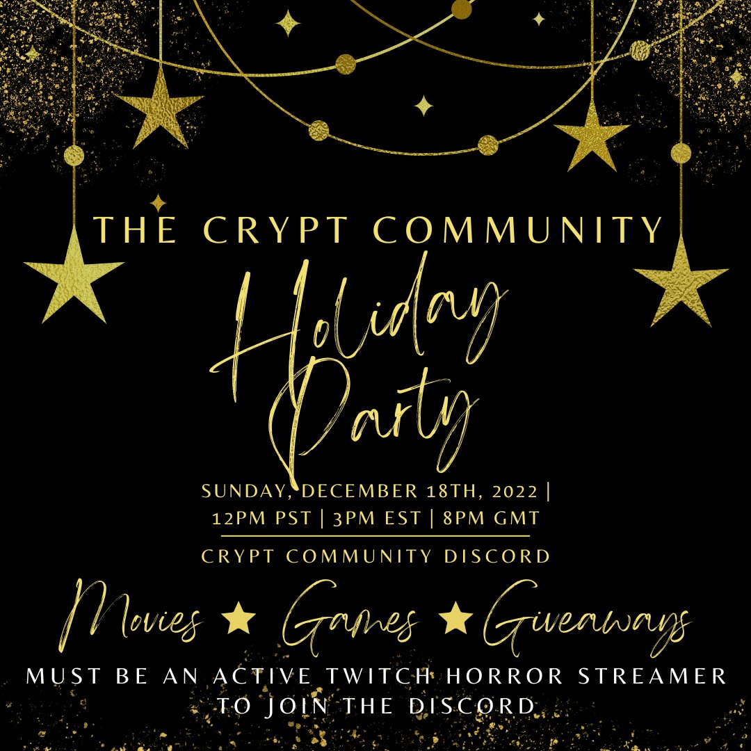 CryptCommunity's tweet image. Hey there horror streamers and TCC members! We are having our first ever holiday party as a community on December 18th! Movies all day, multiple game lobbies, and giveaways! 
discord.com/events/1002226…