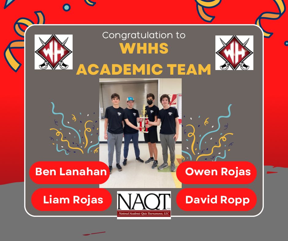 WadeHampton_HS's tweet photo. Congratulations to our Academic Team. They earned 1st place at the @naqt Southside Holiday Invitational V qualifying them for the 2023 High School National Championship Tournament held in Atlanta this May.

#hsnct #LeadingLikeGenerals 

https://t.co/rfEoQSUMc0 https://t.co/5pxGaTU2g3