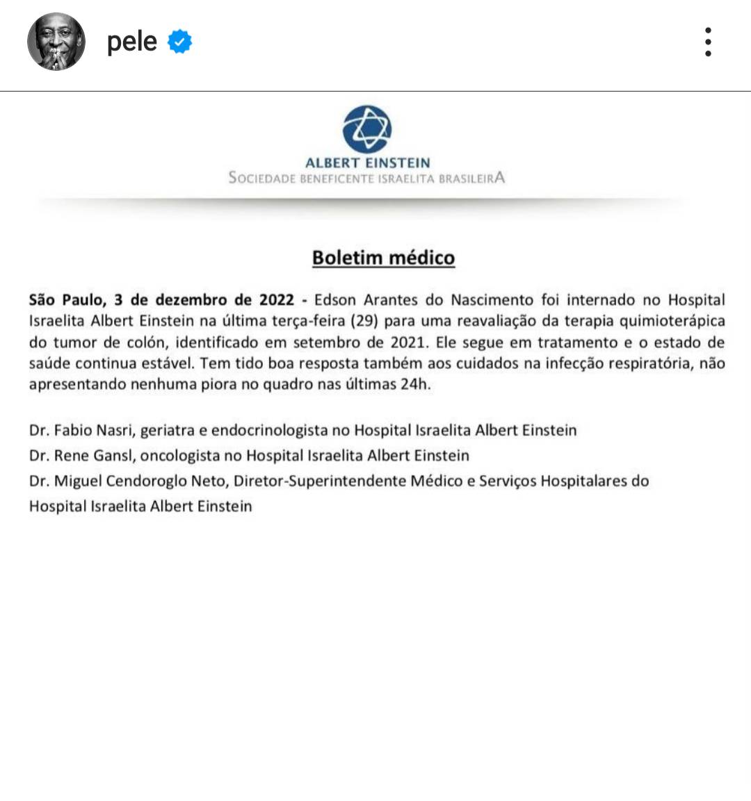 ESPORTESNET's tweet photo. Pelé divulga em suas redes sociais o boletim do Hospital Albert Einstein
Estamos na torcida pelo Rei
#Pelé #Rei #TheKing #TheBest #melhor #futebol #ESPORTESNET https://t.co/ZXPfW1gp5e