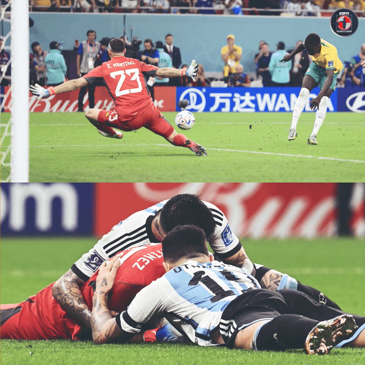 ESPN_FDJ's tweet photo. ❤️🇦🇷 Nadie quería dejar de celebrar con el Dibu Martínez esa tremenda atajada.

¡Con ese balón que le detuvo a Kuol, Argentina se metió a cuartos de final!

#Qatar2022 https://t.co/D7Vmc1Xxur
