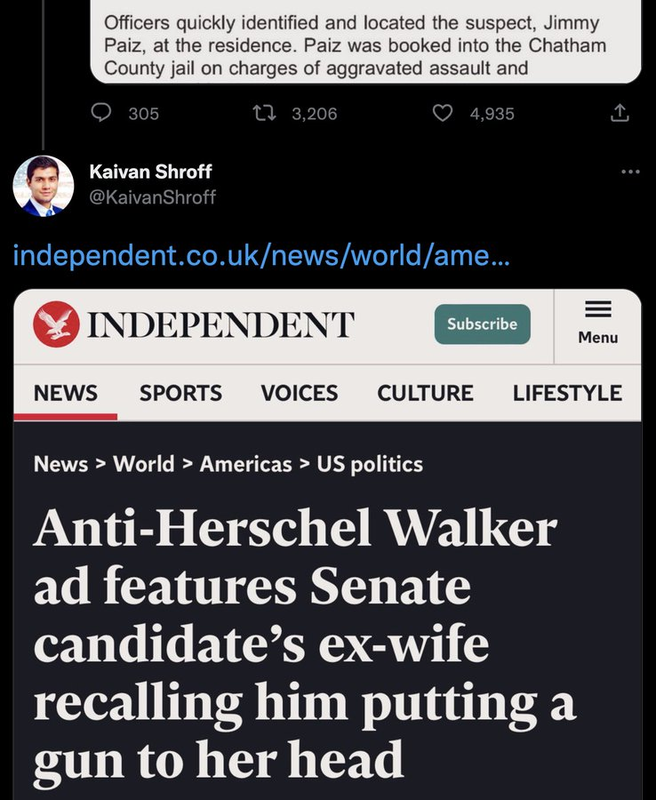 MrAndyNgo's tweet image. Hey @CommunityNotes, you should inform the thousands of people sharing this thread from @KaivanShroff that he intentionally left out crucial information about the suspect. Accused shooter Jimmy Paiz is a Democrat activist, not a Herschel Walker/GOP fan.