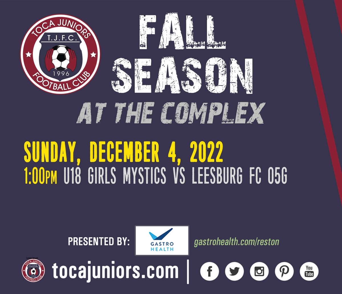 ⚽️🍂 Fall Season at the Complex!
🗓️ Sunday, December 4, 2022
📍 Toca Juniors Soccer Complex, MD

🔵🔴 #WeAreToca #TOCA #tocajuniors #PLAYsimple #Futbol #Football #soccer #YouthSoccer #soccercomplex #UrbanaMD #IjamsvilleMD #TOCAcomplex #TOCApredio #soccerlife #soccerfield