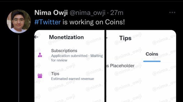 Helloimmorgan's tweet photo. Twitter is working on New Forms of Monetization and… something called Twitter Coins? https://t.co/HKkVEDiaeA