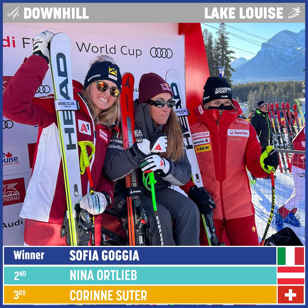 Same winner and same nations on the podium... with a slight inversion! 1️⃣ @goggiasofia 🇮🇹 2️⃣ Nina Ortlieb 🇦🇹 3️⃣ @CorinneSuter 🇨🇭 Congratulations 👏🏻👏🏻 #fisalpine