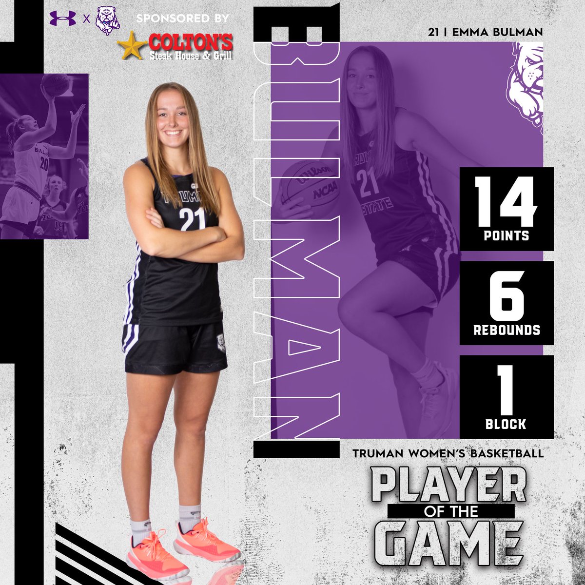 trumanstatewbb's tweet photo. After scoring a career-high and helping us to a 4-0 GLVC start, Emma Bulman is our Colton's Steakhouse Player of the Game!! #Family https://t.co/sey9wBGzw6