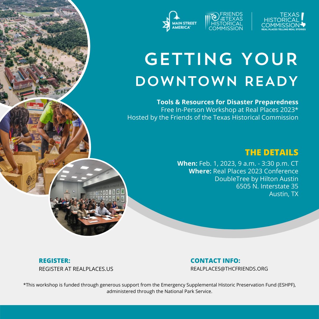 NatlMainStreet's tweet photo. Join us at the 2023 Real Places conference for a disaster preparedness workshop! This workshop will cover important tools to help your community plan for the future, from funding sources to organizational needs and more. Learn more and register: https://t.co/bolZDis65Z https://t.co/WOzzH90Hed