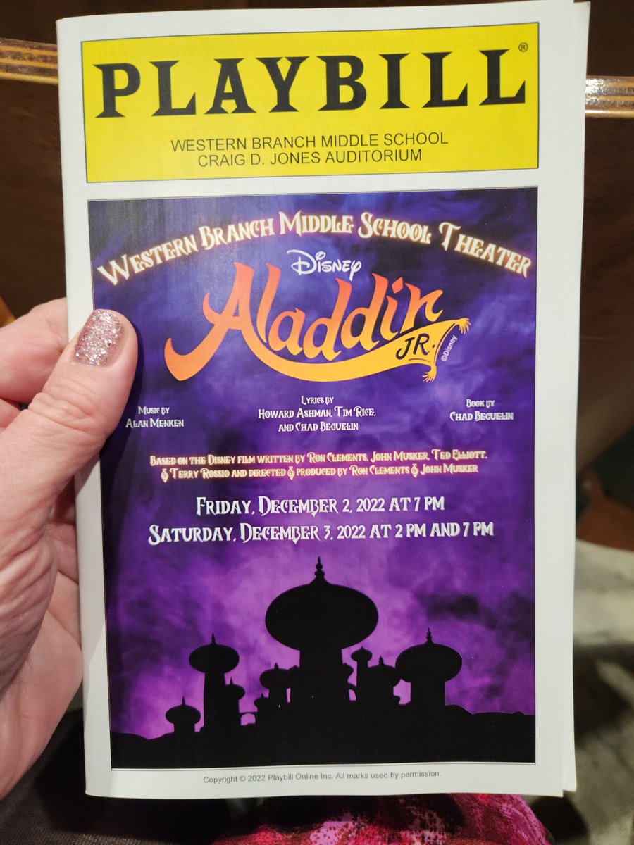 Me1issaGoodwin's tweet photo. "Mind if I call you Al... Al? Why don’t you just ruminate whilst I illuminate the poss-o- bilities!" Bravo, @Radfrdlisa,  @kylecooksings, &amp; cast &amp; crew for making the Alladin Jr production @wbmbruins come to life! Thanks to my mom for joining me. 😘 @sweat_nancy @beth_pallister https://t.co/DUGfKXqosC
