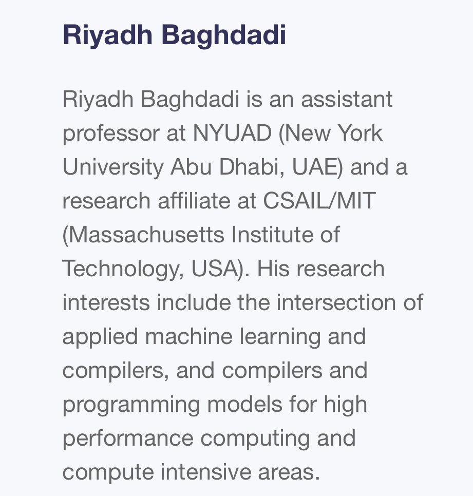 MimeeXu's tweet image. Our last speaker Riyadh Baghdadi updates on his prior work 1st presented in this workshop — later won @MLSysConf ‘s Best Paper.
Fun fact: met him when he was a phd student (just like me) and now he’s a prof at @NYUAbuDhabi 🥹🥹
#compileroptimization #mlforsystems #NeurIPS2022