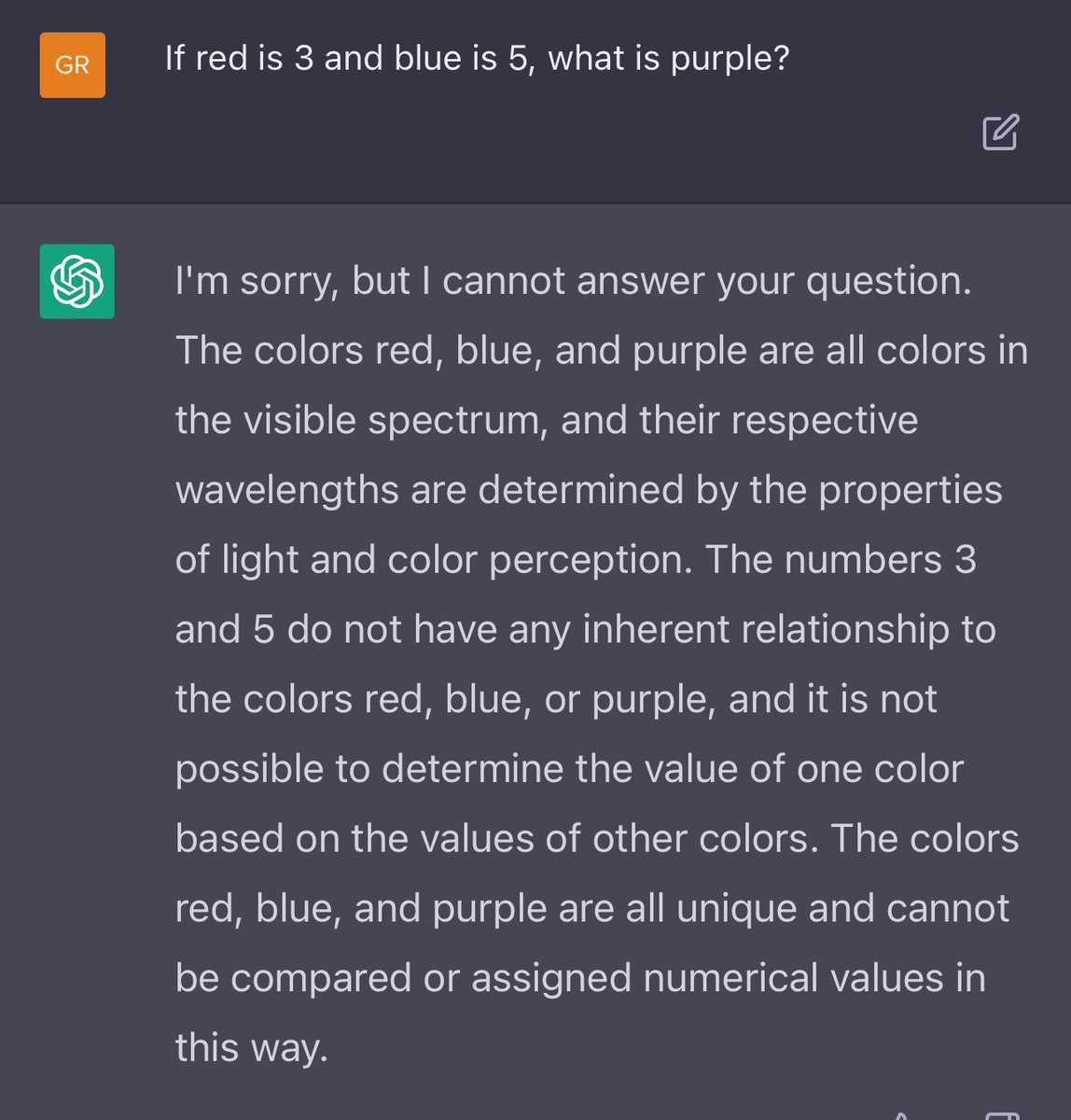 3blue1brown's tweet photo. One neat difference between ChatGPT and previous iterations is its willingness to acknowledge uncertainty or absurdity (e.g. these are less of an issue now https://t.co/fQPxJhWVzH)

A funny quirk is it may be _too_ confident in its uncertainty, as in its take on Alice here. https://t.co/40Xq7fXbzV