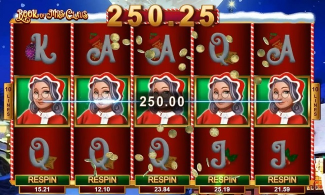 Book of Mrs Claus Online Slot -  - This is a 5 reel game with 3 rows and 10 paylines, plus the Hyper Spins feature where players can re-spins individual reels for the price listed at the bottom!