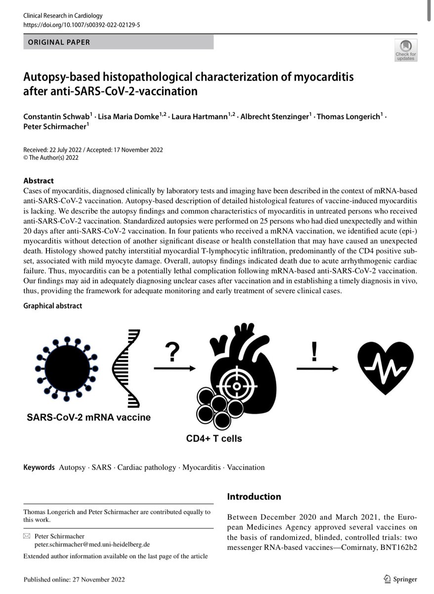 MarinaMedvin's tweet photo. 🚨 NEW STUDY

Autopsies of 25 persons who died unexpectedly within 20 days after getting the Covid vaccine.

“Overall, autopsy findings indicated death due to acute arrhythmogenic cardiac failure. Thus, myocarditis can be a potentially lethal complication” of the Covid vaccine. https://t.co/5pjLnWSPmJ