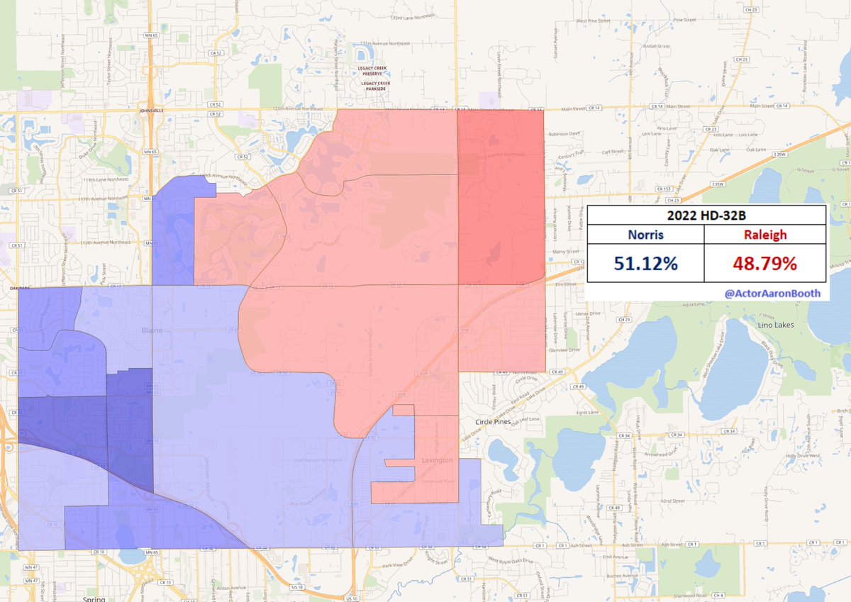 ActorAaronBooth's tweet photo. Last month, @MNfromMN was able to unseat @donaldraleigh in the newly drawn #HD32B which included parts of the old 37A, 37B & Raleigh's own 38A. Raleigh carried the 4 precincts from his old district by 2.8 points, though lost the new parts by 3.7 for a district wide 2.3 point loss https://t.co/Jzw7CxIY3S