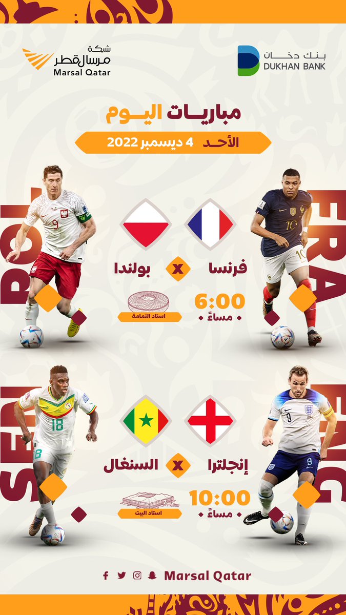 Marsalqatar's tweet photo. مباريات اليوم #كأس_العالم_قطر_2022

🇫🇷 فرنسا ✖️ بولندا 🇵🇱 
🏴󠁧󠁢󠁥󠁮󠁧󠁿 انجلترا ✖️ السنغال 🇸🇳

توقع النتائج كاملة واربح
1500 ريال قطري

الشروط
• متابعة @DukhanBank @MarsalQatar 
• ريتويت

#مرسال_قطر | #FIFAWorldCup          
#Qatar2022 https://t.co/gZlYsb6SwJ