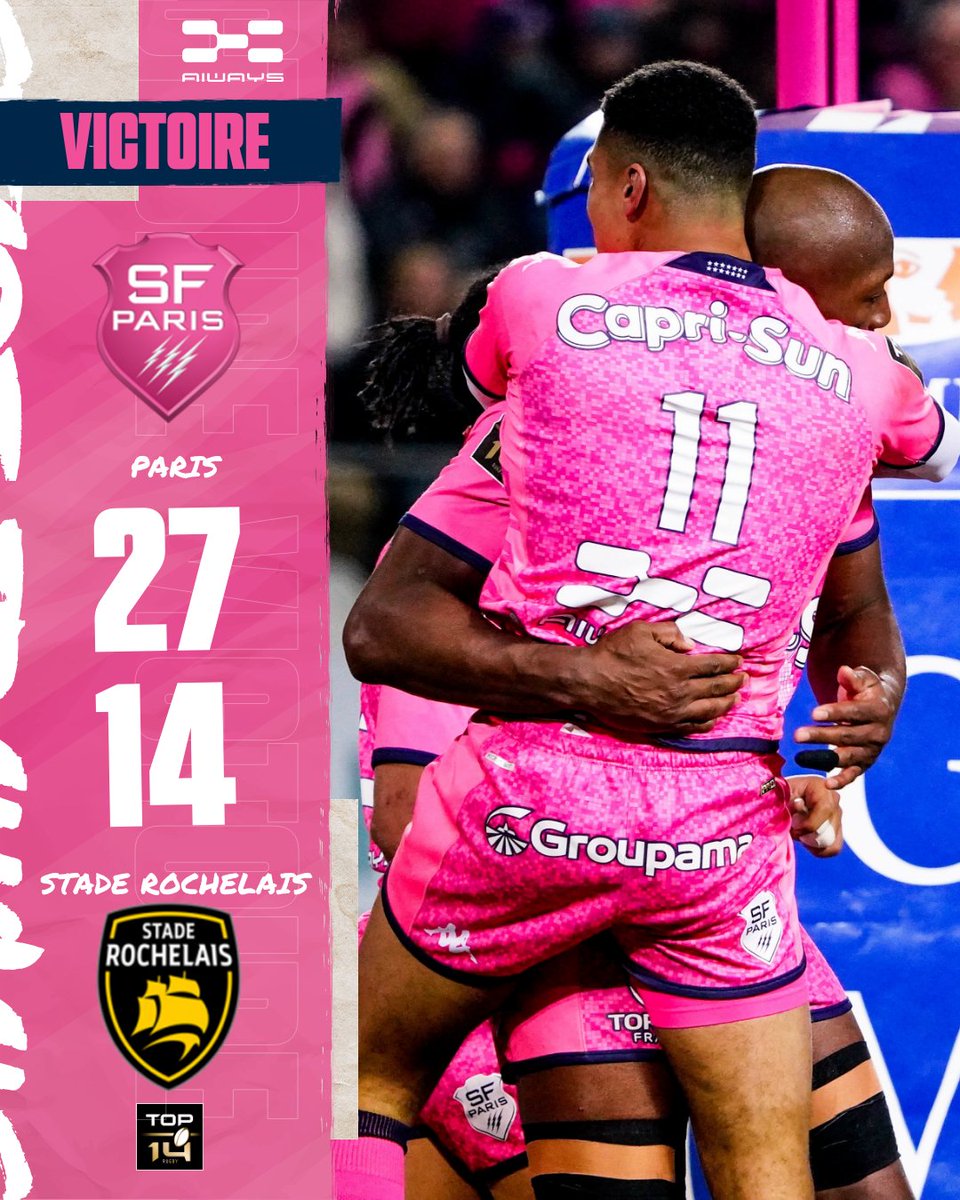SFParisRugby's tweet photo. 🥳 𝗩𝗜𝗖𝗧𝗢𝗜𝗥𝗘
Reprendre Jean Bouin et rester dans le Top 6 ✅
#SFPSR | 🌸 27 - 14 ⛵️ | @AiwaysFrance https://t.co/n7pnbEqd31