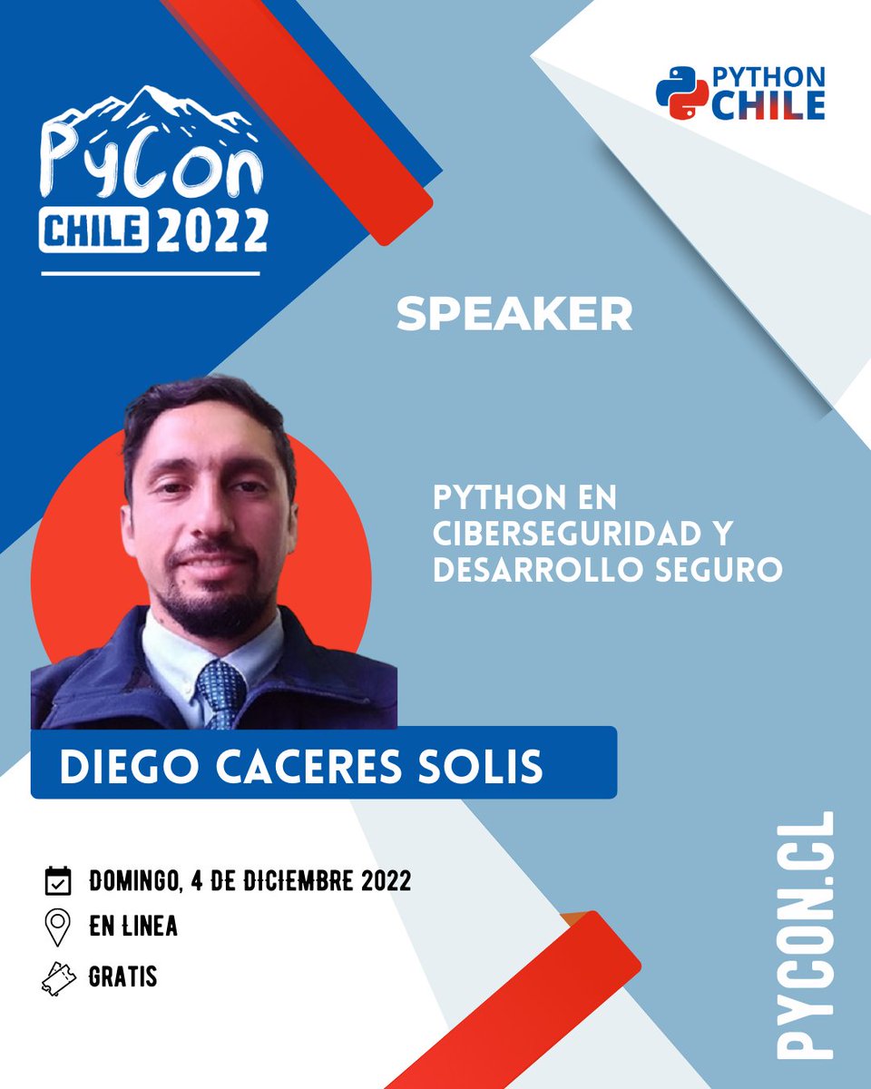 pythonchiledev's tweet image. 📢Conoce nuestros Speakers🎉🐍

Tenemos el agrado de presentar como speaker de #PyConChile22 🇨🇱 a Diego Caceres, quien nos presentará una charla sobre: &quot;Python en Ciberseguridad y Desarrollo Seguro&quot; en nuestra edición en línea.

Más detalles:👇
pycon.cl
