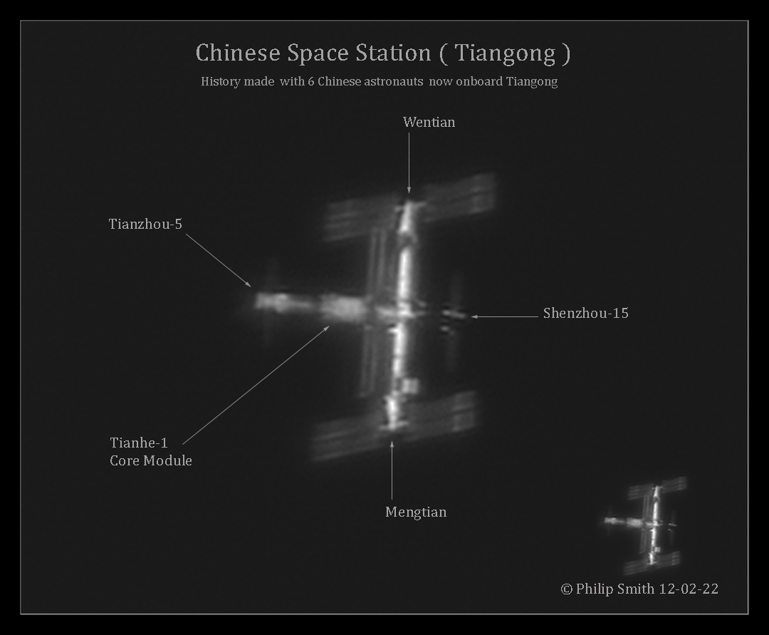 History made with 6 Chinese astronauts now onboard Tiangong. I hand the RARE opportunity to image / record this HISTORIC event. I imaged the Chinese Space Station, Tiangong on 12-02-22 Max 80° 5:55pm EST in average seeing conditions from my Manorville NY Observatory. Please Share