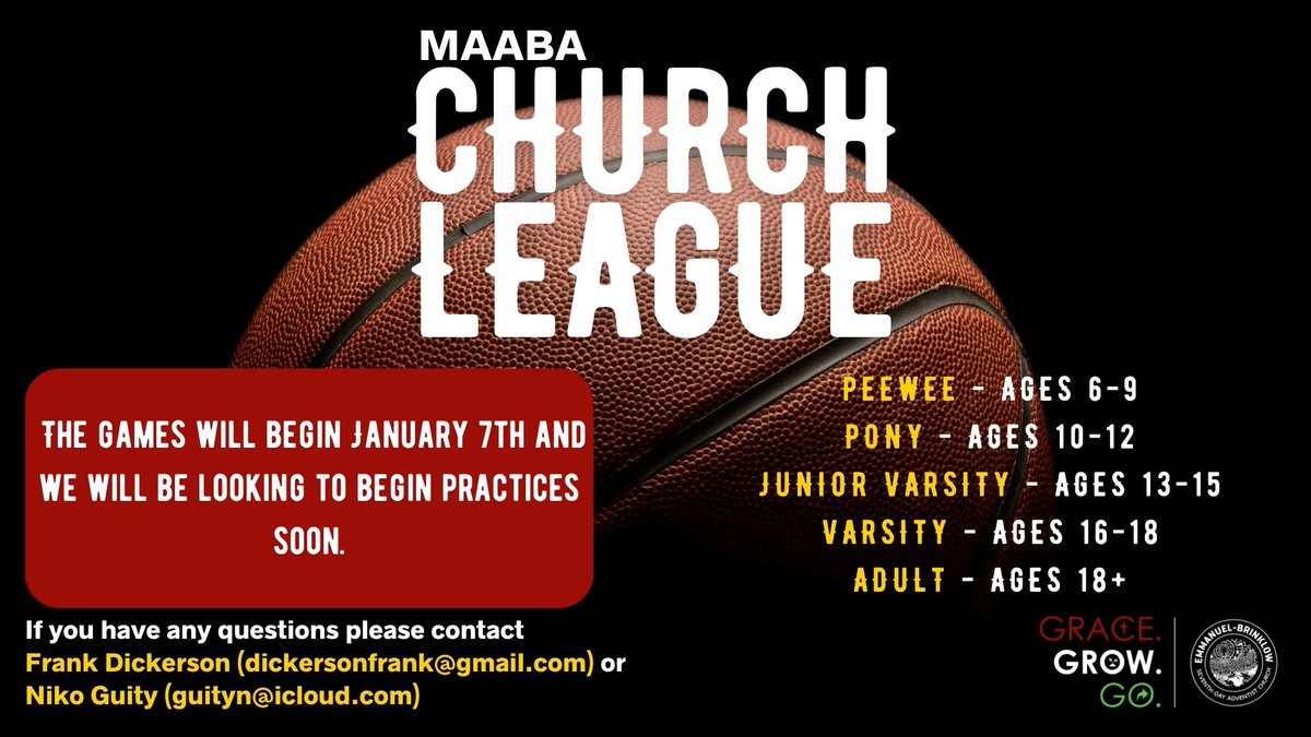 Church League is BACK!!!   The MAABA Church League Season is beginning and we are looking for young people interested in playing. 
Peewee - Ages 6-9
Pony - Ages 10-12
Junior Varsity - Ages 13-15
Varsity - Ages 16-18
Adult - Ages 18+
#maaba #basketball #churchleague