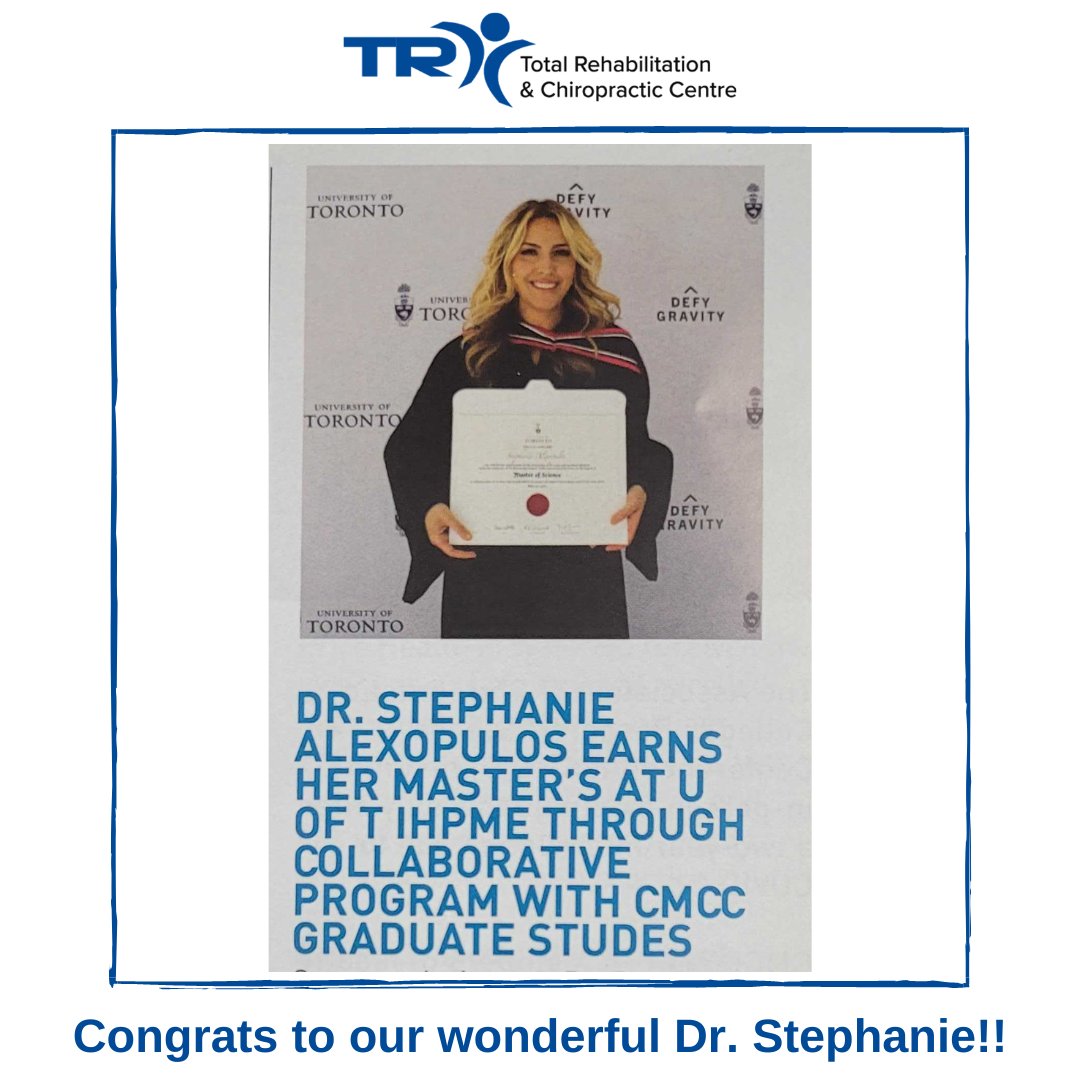 TotalRehabCC's tweet image. TRCC is so proud of our wonderful #Chiropractor, Dr. Stephanie, who was featured in “Primary Contact.” She has successfully defended her thesis at the University of Toronto’s Institute of Health Policy and Management and Evaluation. 
#congrats #congradulations #celebrate