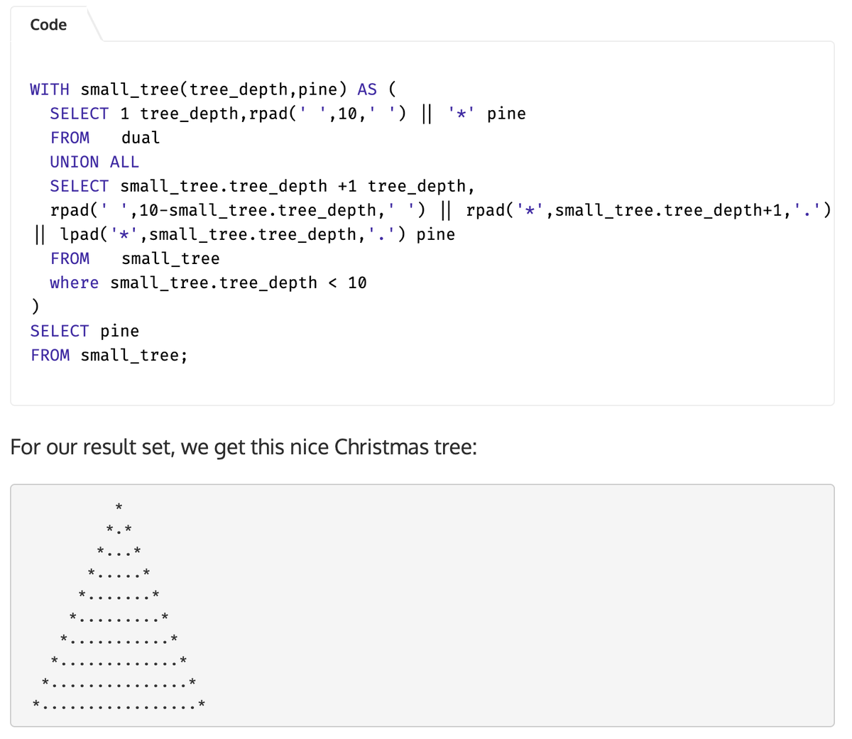 SQLGroup's tweet photo. Well this is fun and festive! Thanks to https://t.co/F1d6rHDm8s for teaching us how to make a Christmas tree using SQL Code
 #sqlcode #sql #sqlserver #mssql #learnsql.com #learnsql #sql #sqlsolutions #sqltraining #coding #codingchristmas #codechristmas #coderlife #programming https://t.co/lOKBLnuQVt