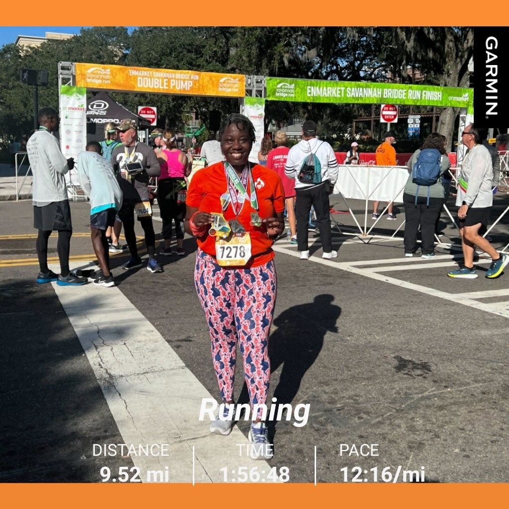 nacole99's tweet photo. The 2022 @SavannahSports #savbridgerun is done. 3 trips across the Talmadge Bridge for the 15k. I earned all three medals today. This is my last race of the year. #bibchat #runchat #savbridgerunbr #RunSAV #leagueofgarmin https://t.co/RKKy6FLGxn
