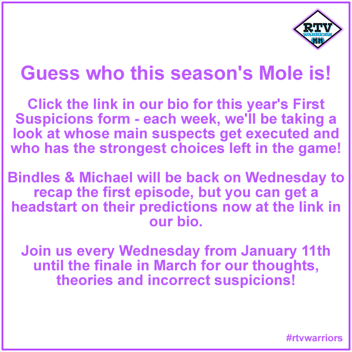 rtvwarriors's tweet photo. Our tenth season of #widm podcasts begins with the return of First Suspicions! You have until Episode 2 airs to pick your Mole! #wieisdemol #FirstSuspicions #rtvwarriors https://t.co/vJoUIANq3D