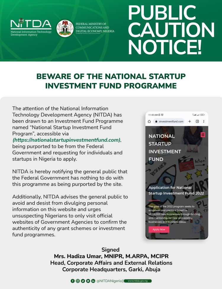 NITDANigeria's tweet photo. PUBLIC CAUTION NOTICE!

Beware of the National Startup Investment Fund Programme 

#BeCyberSmart https://t.co/taNufGD1MN