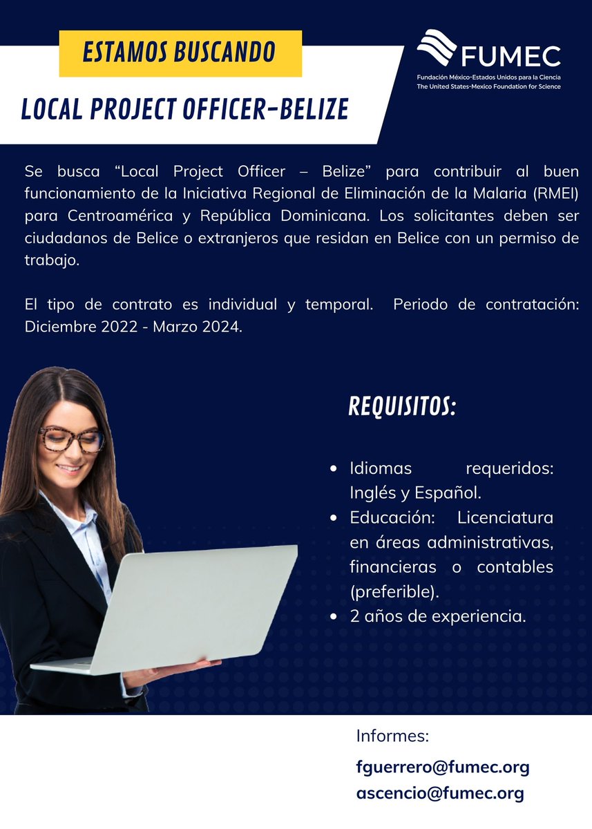 Se busca “Local Project Officer – Belize” para la Iniciativa RMEI en Centroamérica y República Dominicana. Los solicitantes deben ser ciudadanos de #Belice. Contacto: fguerrero@fumec.org y ascencio@fumec.org Más información aquí:  ow.ly/M8gM50LUsfV
