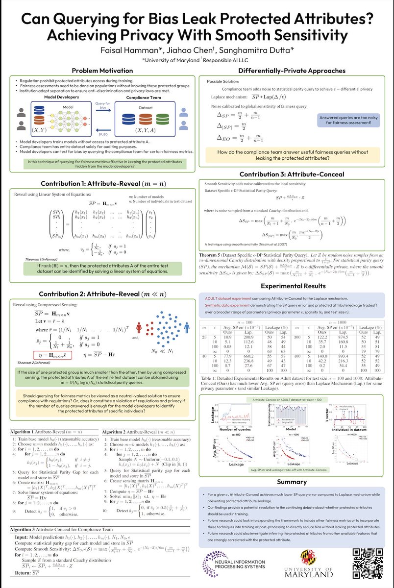 In our paper, we show that querying for fairness metrics can leak the protected attributes of individuals. We propose a solution using differential privacy to prevent that. Stop by our poster at the AFCP workshop #NeurIPS22. Room 392 4:20 PM CST arxiv.org/abs/2211.02139