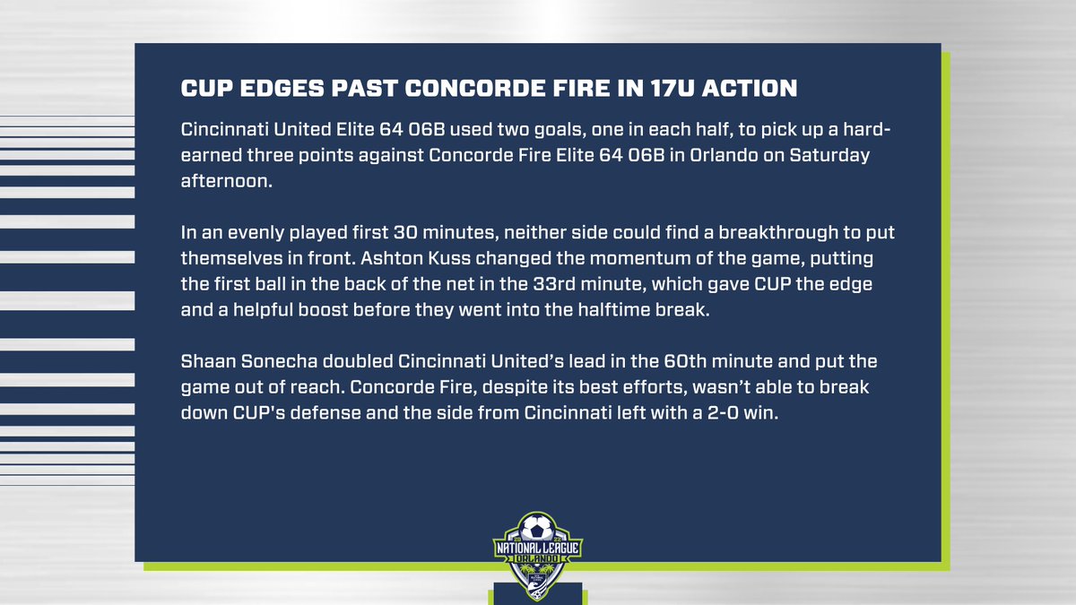 NationalLeague's tweet photo. 17U @cincyunited earns a tough win over @ConcordeSoccer in Elite 64 action Saturday afternoon.

#EveryMomentCounts https://t.co/EhnObGxSU2
