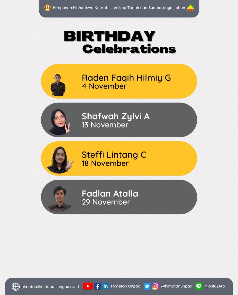 HimatanUnpad's tweet photo. [ KILAS NOVEMBER ]

Selamat ulang tahun Akang/Eceu!🎉

- Raden Faqih Hilmiy G (4 November 2022)
- Shafwah Zylvi Azkiannissa (13 November 2022)
- Steffi Lintang Caesaria C (18 November 2022)
- Fadlan Atalla (29 November 2022)

Semoga panjang umur dan diberi kesehatan selalu✨ https://t.co/Mxv0XufZBn