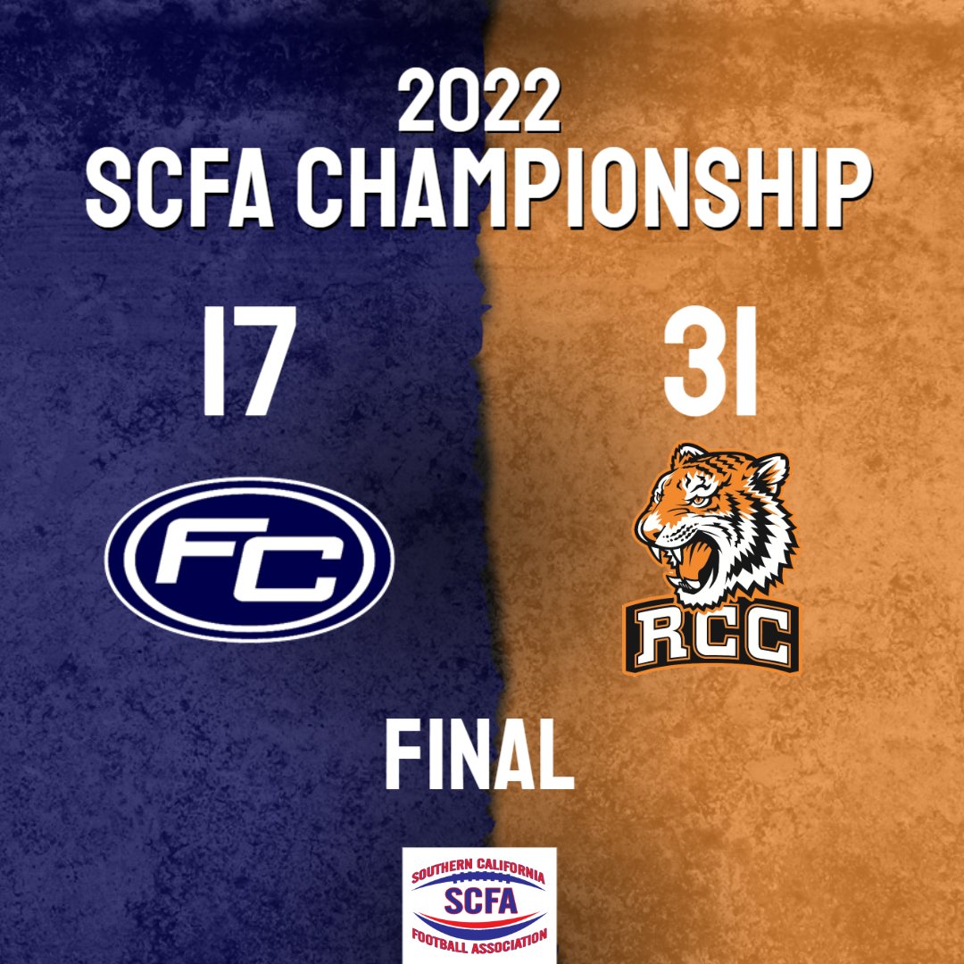 The Tigers are headed back to the State Championships! Riverside beat Fullerton 31-17 for the 2022 SCFA Championship.

Congrats to <a href="/FullColl_FB/">𝐅𝐮𝐥𝐥𝐞𝐫𝐭𝐨𝐧 𝐂𝐨𝐥𝐥𝐞𝐠𝐞 𝐅𝐨𝐨𝐭𝐛𝐚𝐥𝐥</a> on a great season, good luck to <a href="/RCCTigerFB/">RCC Football</a> in the state championship!