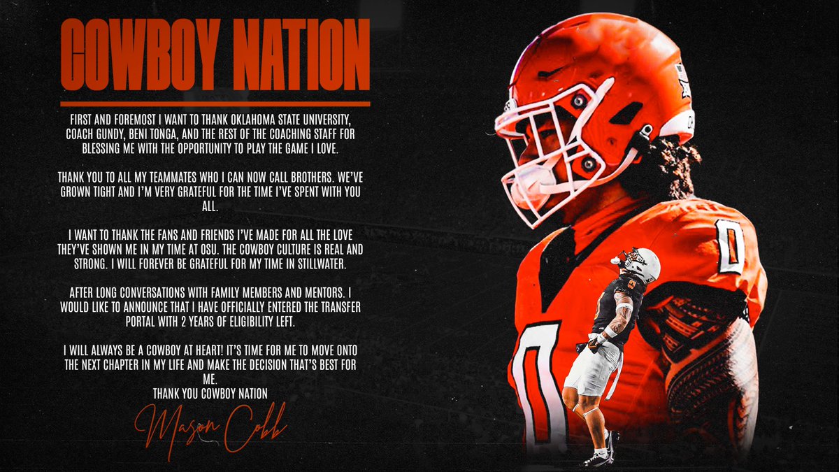 Sidelines Transfer Portal on Twitter "Oklahoma State LB Mason Cobb has