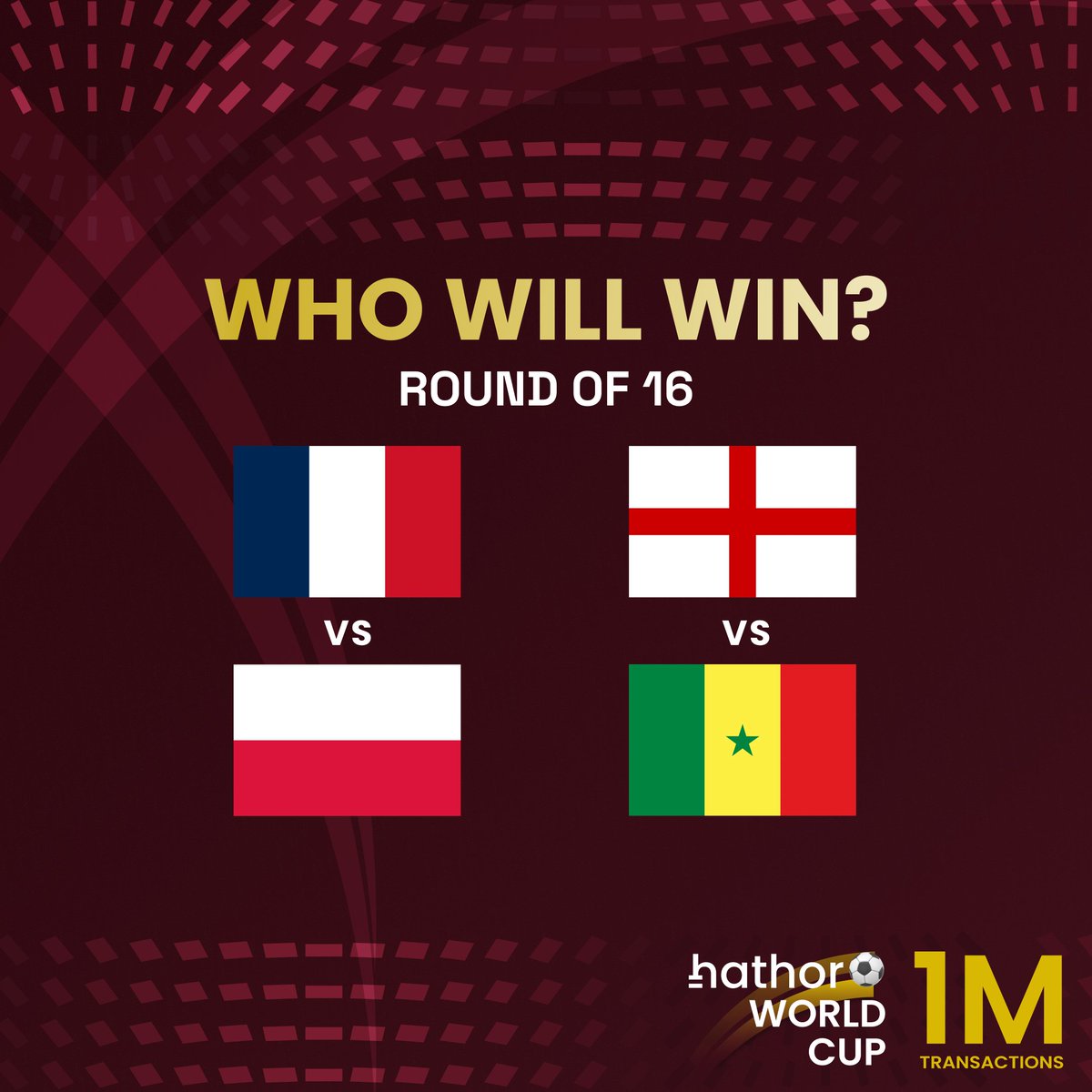 Round of 16 - Day 2! ⚽️

FRA 🇫🇷 VS 🇵🇱 POL
ENG 🏴󠁧󠁢󠁥󠁮󠁧󠁿 VS 🇸🇳 SEN

1000 $HTR to be won! 🎁

⬇️ Enter to win below! ⬇️
gleam.io/savwK/hathor-w…

#HathorWorldCup #FIFAWorldCup #FIFAWorldCup2022 #France #Poland #England #Senegal #Giveaway $HTR