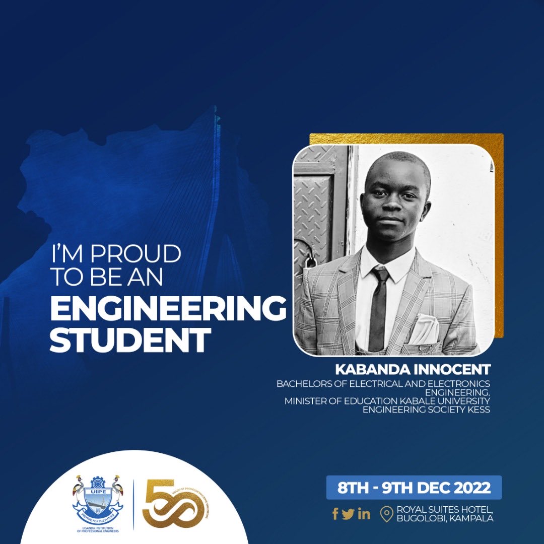We would love to present Kabanda Innocent, a student of Electrical and Electronics Engineering.

Innocent is the Minister of Education, at Kabale University Engineering Society.

You are doing well.
#StudentEngineers
#UIPEAt50