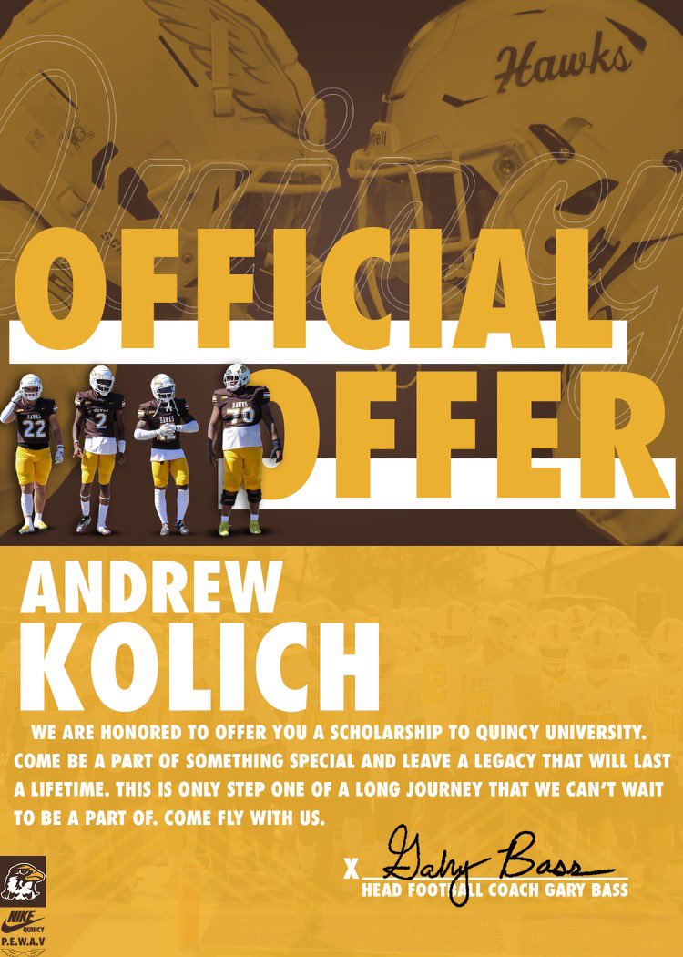 After a great talk with <a href="/CoachBorghardt/">Kaleb Borghardt</a> blessed to receive an offer to Quincy! <a href="/coacheimer/">Coach Eimer</a> <a href="/WABlackhawkFB/">West Aurora Football</a>