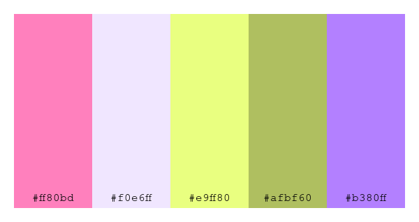 ColPaletteBot's tweet photo. Beep beep, here's a pretty color palette for you!
color-scheme.js parameters used:
- hue: 133
- variation: light
- colors: #ff80bd, #f0e6ff, #e9ff80, #afbf60, #b380ff
Have a lovely evening!
#twitterbot #colorpalette #colors #palette #prettycolors https://t.co/1yTQr3lY7t